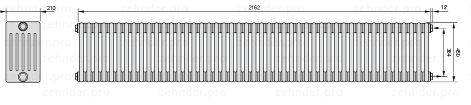 Схема (чертеж) Радиатор Zehnder Charleston 6045/47 №7610 Белый глянцевый RAL 9016